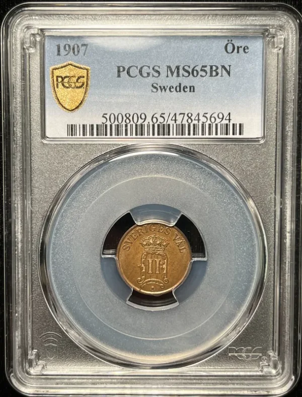 Sweden 1907 1 Ore PCGS MS65BN - Image 3
